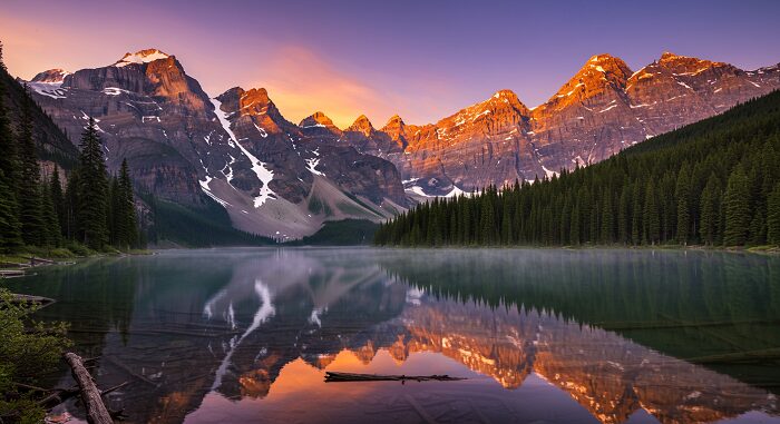 Misty mountain peaks and alpine lake at sunrise, perfect scenery for 7-day Pacific Northwest itinerary