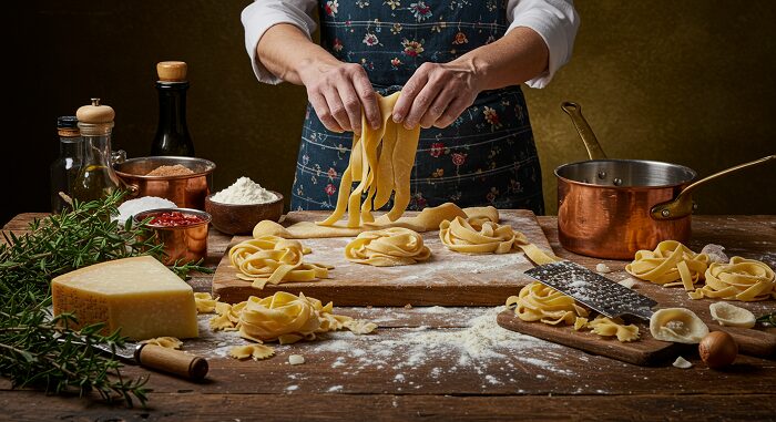 "Authentic Italian grandma cooking Rome traditional kitchen with nonna hands making fresh pasta flour wooden table"