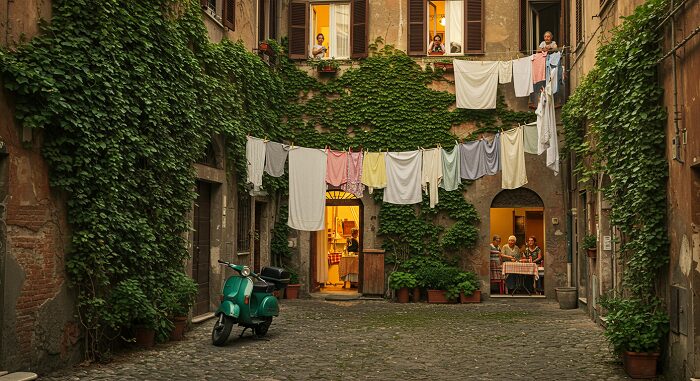 Traditional Roman courtyard authentic Italian grandma cooking Rome ivy walls Vespa laundry kitchen windows neighborhood atmosphere