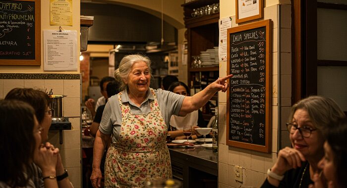 "Elderly Italian nonna authentic Italian grandma cooking Rome emerging kitchen personally recommend dishes handwritten menu"