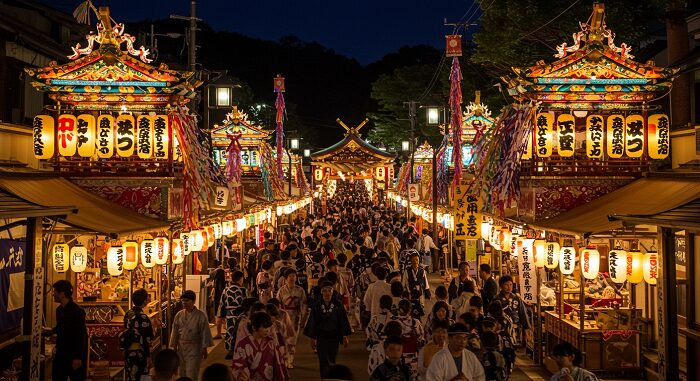 Japan travel guide festivals showing colorful matsuri celebration with lanterns and traditional atmosphere