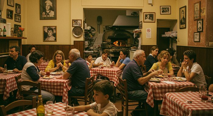 "Authentic Italian grandma cooking Rome trattoria packed local families three generations dining checkered tablecloths"