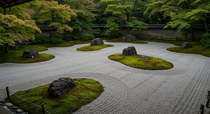 Japan travel guide sustainable travel featuring peaceful zen garden with raked gravel and rocks
