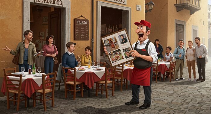 "Tourist trap restaurant pushy tout authentic Italian grandma cooking Rome comparison laminated menu versus quiet trattoria"