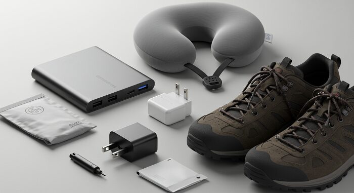 Japan travel guide packing essentials with universal adapter portable charger and travel accessories