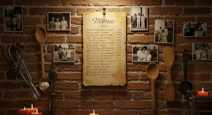 "Handwritten Italian menu authentic Italian grandma cooking Rome vintage family photos candlelight intimate atmosphere"