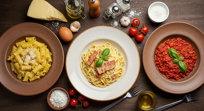 "Holy trinity Roman pasta authentic Italian grandma cooking Rome cacio e pepe carbonara amatriciana ceramic bowls"