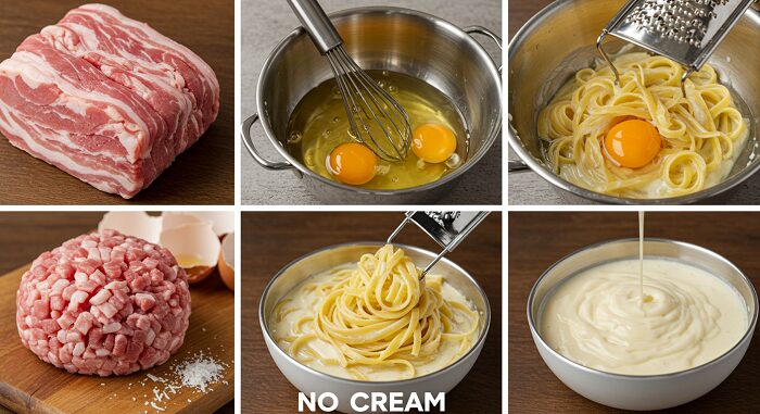 "Authentic Italian grandma cooking Rome carbonara preparation guanciale eggs pecorino no cream stamped traditional method"