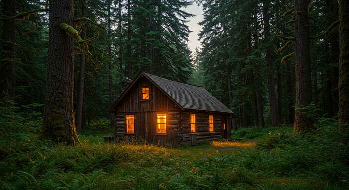 Cozy mountain cabin surrounded by moss-covered trees, ideal accommodation for 7-day Pacific Northwest itinerary