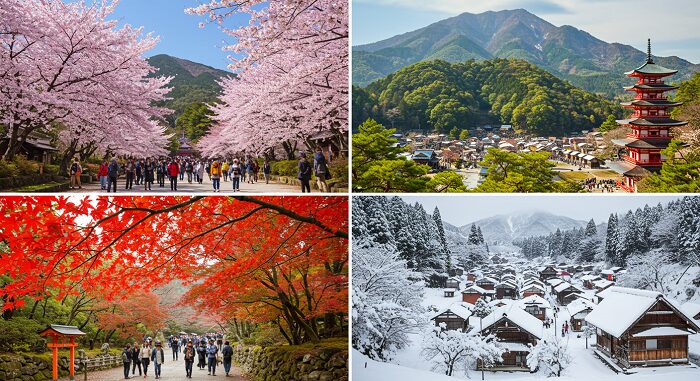Japan travel guide seasonal overview showing spring cherry blossoms summer festivals autumn leaves winter snow