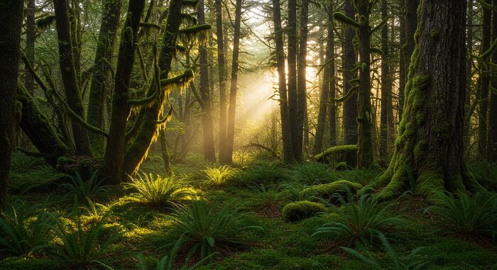 Olympic Peninsula rainforest with ancient moss-draped trees, must-see destination for 7-day Pacific Northwest itinerary