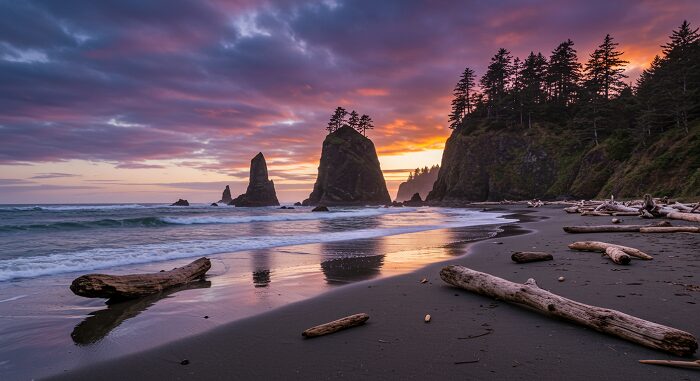 Dramatic coastline with sea stacks and pristine beach, stunning location for 7-day Pacific Northwest itinerary