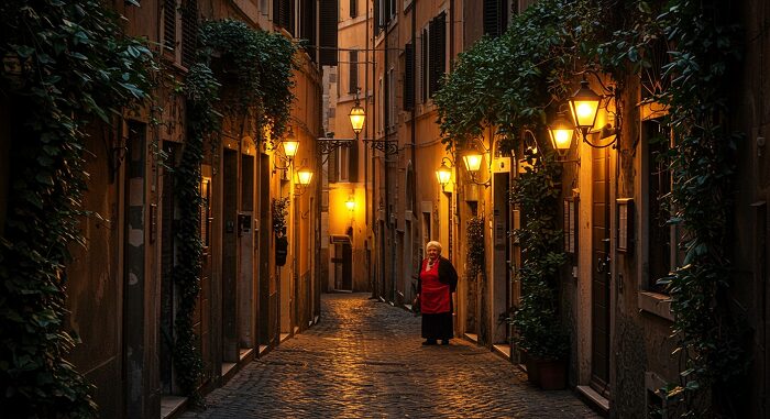 "Hidden Roman alleyway authentic Italian grandma cooking Rome mysterious trattoria golden light nonna beckoning doorway"