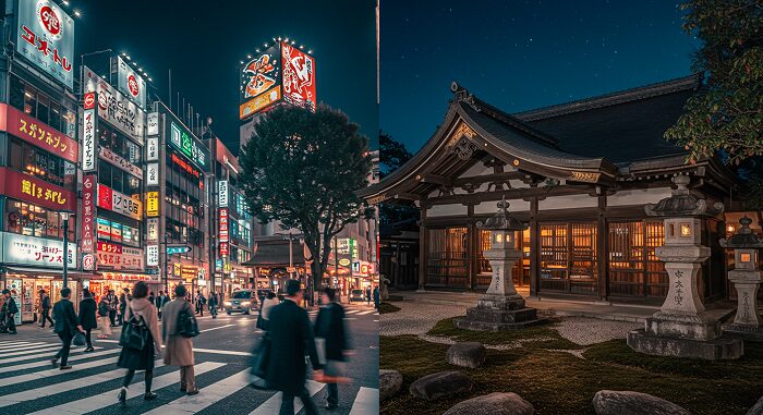 Japan travel guide destinations showcasing Tokyo street scene and traditional Kyoto temple contrast