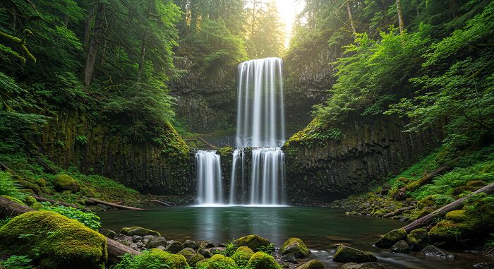 Columbia River Gorge waterfall over moss-covered cliffs, top attraction for 7-day Pacific Northwest itinerary