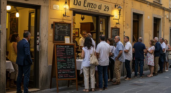 "Queue Italian families waiting authentic Italian grandma cooking Rome Da Enzo al 29 handwritten menu local validation"