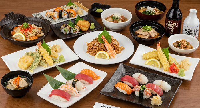 Japan travel guide food recommendations displaying sushi ramen tempura and traditional dishes
