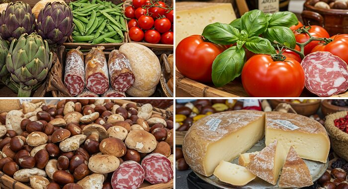 Four season authentic Italian grandma cooking Rome ingredients spring artichokes summer tomatoes autumn mushrooms winter cheeses market