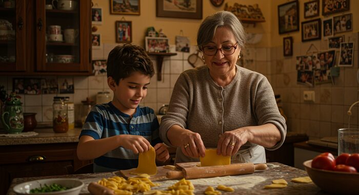 "Nonna Rosina teaching grandson authentic Italian grandma cooking Rome family kitchen generational wisdom traditional techniques"