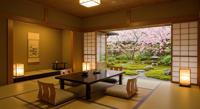 Japan travel guide accommodation showing traditional ryokan room with tatami mats and garden view