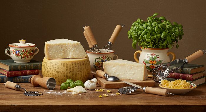 Italian cooking essentials authentic Italian grandma cooking Rome pasta tools Parmigiano-Reggiano ceramics herbs cookbooks table