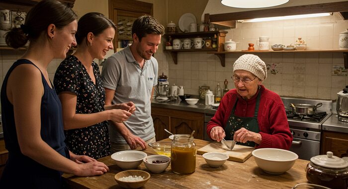 International visitors learning authentic Italian grandma cooking Rome elderly nonna traditional kitchen cultural connection warm lighting