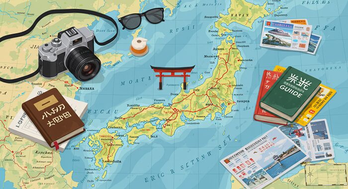 Japan travel guide itinerary planning with detailed map and travel planning materials
